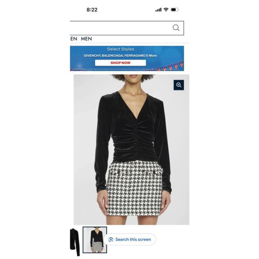 Veronica Beard Pelona Black Velvet Long Sleeve Ruched Top Size 2